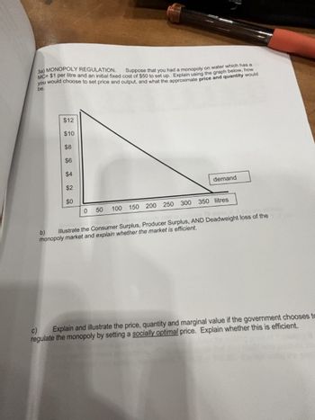 3a) MONOPOLY REGULATION.
Suppose that you had a monopoly on water which has a
MC=$1 per litre and an initial fixed cost of $50 to set up. Explain using the graph below, how
you would choose to set price and output, and what the approximate price and quantity would
be.
$12
$10
$8
$6
$4
$2
demand
$0
0 50
100 150 200 250 300 350 litres
70
b)
Illustrate the Consumer Surplus, Producer Surplus, AND Deadweight loss of the
monopoly market and explain whether the market is efficient.
c)
Explain and illustrate the price, quantity and marginal value if the government chooses to
regulate the monopoly by setting a socially optimal price. Explain whether this is efficient.