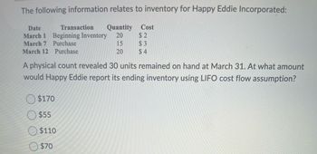 **Inventory Information for Happy Eddie Incorporated**

The following data relates to inventory management for Happy Eddie Incorporated:

| Date     | Transaction          | Quantity | Cost |
|----------|----------------------|----------|------|
| March 1  | Beginning Inventory  | 20       | $2   |
| March 7  | Purchase             | 15       | $3   |
| March 12 | Purchase             | 20       | $4   |

A physical count revealed that 30 units remained on hand as of March 31. 

**Question:** At what amount would Happy Eddie report its ending inventory using the LIFO (Last-In, First-Out) cost flow assumption?

**Options:**

- $170
- $55
- $110
- $70