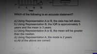 01
5.
10
15
Years
Which of the following is an accurate statement?
a) Using Representation A or B, the data has left skew.
b) Using Representation B, the IQR is approximately 5
years and the mean is 3 years.
c) Using Representation A or B, the mean will be greater
than the median.
d) Using Representation A, the mode is 2 years.
e) All of the above are correct
a
b
e
Activate Window
Go to Settings to activ
SURM IT A NISWER
