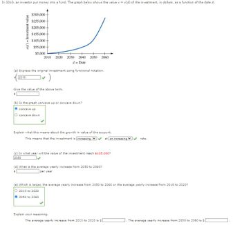 In 2010, an investor put money into a fund. The graph below shows the value v = v(d) of the investment, in dollars, as a function of the date d.
v(d) Investment value
$305,000
$255,000-
$205,000+
$155,000+
$105,000
$55,000-
$5,000
2010 2020 2030 2040 2050 2060
d = Date
Express the original investment using functional notation.
2010
)
Give the value of the above term.
$
(b) Is the graph concave up or concave down?
concave up
concave down
Explain what this means about the growth in value of the account.
This means that the investment is increasing
(c) In what year will the value of the investment reach $105,000?
2050
(d) What is the average yearly increase from 2050 to 2060?
$
per year
at an increasing ✓
Explain your reasoning.
(e) Which is larger, the average yearly increase from 2050 to 2060 or the average yearly increase from 2010 to 2020?
2010 to 2020
2050 to 2060
The average yearly increase from 2010 to 2020 is $
rate.
C. The average yearly increase from 2050 to 2060 is $