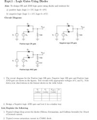 Expt.1 : Logic Gates Using Diodes
Aim: To design OR and AND logic gates using diodes and resistors for
a) positive logic (logic 1=5V, logic 0=0V)
b) negative logie (logic 1=-5V, logic 0 =0 V)
Circuit Diagram
Vour
Vour
1 ka
1 kn
Positive logic OR gate
Negative logic OR gate
Vaut
D.
1 kn
15V
Positive logic AND gate
1. The circuit diagram for the Positive logic OR gate, Negative logic OR gate and Positive logie
AND gate are shown in the figures. Test circuits with appropriate voltages of Vi and Va. Note
down your observations in the format shown in the table below.
VoUr
Y
(volts) (volts) (volts)
2. Design a Negative logic AND gate and test it in a similar way.
List/Explain the following
1. Typical voltage drop across the diodes (Silicon, Germanium, and Gallium Arsenide) for 10mA
of forward current.
2. Typical reverse saturation current in 1N4001 diode.
