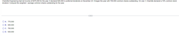 Charlotte Engineering had net income of $475,000 for the year. It declared $40,000 in preferred dividends on December 23. It began the year with 700,000 common shares outstanding. On July 1, Charlotte declared a 10% common stock
dividend. Compute the weighted - average common shares outstanding for the year.
OA. 770,000
B. 840,000
○ C. 700,000
D. 630,000