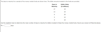 The days to maturity for a sample of five money market funds are shown here. The dollar amounts invested in the funds are provided.
Days to
Maturity
Dollar Value
($ millions)
17
15
13
6
5
4
10
25
15
10
Use the weighted mean to determine the mean number of days to maturity for dollars invested in these five money market funds. Round your answer to 2 decimal places.
x =
days