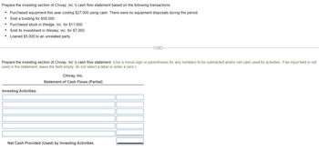 Prepare the investing section of Chivay, Inc.'s cash flow statement based on the following transactions:
• Purchased equipment this year costing $27,000 using cash. There were no equipment disposals during the period.
•
Sold a building for $58,000.
Purchased stock in Wedge, Inc. for $11,000.
⚫ Sold its investment in Wesley, Inc. for $7,000.
Loaned $5,000 to an unrelated party.
Prepare the investing section of Chivay, Inc.'s cash flow statement. (Use a minus sign or parentheses for any numbers to be subtracted and/or net cash used by activities. If an input field is not
used in the statement, leave the field empty; do not select a label or enter a zero.)
Chivay, Inc.
Statement of Cash Flows (Partial)
Investing Activities:
Net Cash Provided (Used) by Investing Activities