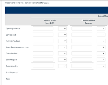 Prepare and complete a pension work sheet for 2023.
Opening balance
Remeas. Gain/
Loss (OCI)
Service cost
Net Int./Fin.Cost
Asset Remeasurement Loss
Contributions
Benefits paid
Expense entry
Funding entry
Total
>
>
>
>
>
>
Defined Benefit
Expense
General Jou
>
>
>
>
>
>