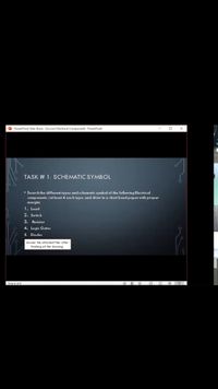 O PowerPoint Slide Show - [Lesson1 Electrical Component] - PowerPoint
TASK # 1: SCHEMATIC SYMBOL
• Search the different types and schematic symbol of the following Electrical
components. (at least 4 each type. and draw in a short bond paper with proper
margin)
1. Load
2. Switch
3. Resistor
4. Logic Gates
5.
Diodes
Answer the attached Files after
finishing all the drawing
O I O P E
Slide 8 of 8
