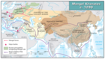 802
Liegnitz
1241
Venice
Mohi
1241
Danube River
Mediterranean Sea
MAMELUKE
DYANSTY
Novgorod
ⒸeMapshop
Smolensk
Moscow.
RUSSIA
Kiev
Ain Jalut
1260
Black Sea
Acre
Route of Marco Polo
1271-1295
CAUCASUS MTS
Tabriz
Mongol forces
Major battles
Russian principalities
recognizing Mongol rule
Volga Rivers
Euphrates R.
ARABIA
EMPIRE OF THE
Sarai GOLDEN HORDE
Baghdad
ILKHAN
Hormuz
00
0
500
URAL MTS.
Samarkand
Bukhara
Balch
EMPIRE
500
60°E
Arabian
Sea
1000 km
HINDU KUSH
Lake Balkhash
DJAGATAI EMPIRE
Kashgar
1000 mi
75°E
HIMALAYAS
Ganges
TIBET
DELHI
SULTANATE
River
Bay of
Bengal
90°E
Mongol Khanates
c. 1290
Lake Baikal
Karakorum
Cambaluc
(Beijing)
Huang
EMPIRE OF
KUBLAI KHAN
Chang Jiang
ANNAM
KHMER
EMPIRE
105°E
Shangdu
South
China
Sea
120°E
KORYO
O
Hangzhou
45°
Sea of
Japan
(East Sea)
JAPAN
30°N
PACIFIC
OCEAN
15°N
GeoNova