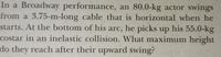 In a Broadway performance, an 80.0-kg actor swings
from a 3.75-m-long cable that is horizontal when he
starts. At the bottom of his arc, he picks up his 55.0-kg
costar in an inelastic collision. What maximum height
do they reach after their upward swing?
