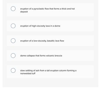 eruption of a pyroclastic flow that forms a thick and hot
deposit
eruption of high-viscosity lava in a dome
eruption of a low-viscosity, basaltic lava flow
dome collapse that forms volcanic breccia
slow settling of ash from a tall eruption column forming a
nonwelded tuff