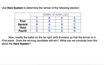 Use Hare System to determine the winner of the following election:
Number of Voters (21)
6
B
First
Second
Third
Fourth
7
A
B
C
D
A
C
D
5
C
B
A
D
3
D
с
B
A
Now, modify the ballot on the far right (with 3 voters) so that the winner is in
First place. Does the winning candidate still win? What can we conclude from this
about the Hare System?