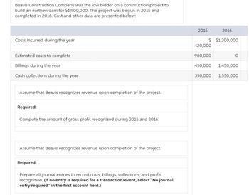 Beavis Construction Company was the low bidder on a construction project to
build an earthen dam for $1,900,000. The project was begun in 2015 and
completed in 2016. Cost and other data are presented below:
Costs incurred during the year
Estimated costs to complete
Billings during the year
Cash collections during the year
Assume that Beavis recognizes revenue upon completion of the project.
Required:
Compute the amount of gross profit recognized during 2015 and 2016.
Assume that Beavis recognizes revenue upon completion of the project.
Required:
Prepare all journal entries to record costs, billings, collections, and profit
recognition. (If no entry is required for a transaction/event, select "No journal
entry required" in the first account field.)
2015
2016
$ $1,200,000
420,000
980,000
0
450,000 1,450,000
350,000
1,550,000