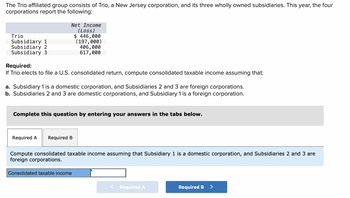 The Trio affiliated group consists of Trio, a New Jersey corporation, and its three wholly owned subsidiaries. This year, the four corporations report the following:

| Corporation   | Net Income (Loss) |
|---------------|-------------------|
| Trio          | $446,000          |
| Subsidiary 1  | (197,000)         |
| Subsidiary 2  | 406,000           |
| Subsidiary 3  | 617,000           |

**Required:**
If Trio elects to file a U.S. consolidated return, compute consolidated taxable income assuming that:

a. Subsidiary 1 is a domestic corporation, and Subsidiaries 2 and 3 are foreign corporations.

b. Subsidiaries 2 and 3 are domestic corporations, and Subsidiary 1 is a foreign corporation.

**Instructions:**
Complete this question by entering your answers in the tabs below.

- **Compute consolidated taxable income assuming that Subsidiary 1 is a domestic corporation, and Subsidiaries 2 and 3 are foreign corporations.**

- A text box is provided for entering the consolidated taxable income.