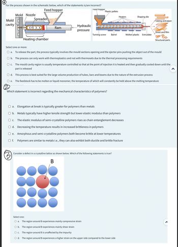 For the process shown in the schematic below, which of the statements is/are incorrect?
Feed hopper
Feed hopper
Mold
cavity
Mold Nozzle
M
Spreader
XXXX
Heating chamber
O b.
Ram
Hydraulic
pressure
Which statement is incorrect regarding the mechanical characteristics of polymers?
O C.
Plastic pellets
50
Turning screw
a. Elongation at break is typically greater for polymers than metals
b. Metals typically have higher tensile strength but lower elastic modulus than polymers
O C. The elastic modulus of semi-crystalline polymers rises as chain entanglement decreases
O d. Decreasing the temperature results in increased brittleness in polymers
Oe. Amorphous and semi-crystalline polymers both become brittle at lower temperatures
Of. Polymers are similar to metals i.e., they can also exhibit both ductile and brittle fracture
Select one:
O a. The region around B experiences mainly compressive strain
Consider a defect in a crystalline lattice as shown below. Which of the following statements is true?
B
Barrel
Select one or more:
O a. To release the part, the process typically involves the mould sections opening and the ejector pins pushing the object out of the mould
O b. The process can only work with thermoplastics and not with thermosets due to the thermal processing requirements
O c. The mould cavity region is usually temperature controlled so that at the point of injection it is heated and then gradually cooled down until the
part is released
Od. This process is best suited for the large volume production of tubes, bars and beams due to the nature of the extrusion process
e. The feedstock has to be molten or liquid monomer, the temperature of which will constantly be held above the melting temperature
The region around B experiences mainly shear strain
The region around B is unaffected by the impurity
O d. The region around B experiences a higher strain on the upper side compared to the lower side
Heaters
Shaping die
Molten plastic Extrudate
Tubing and pipes
Sheet and film
Structural parts