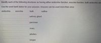 Identify each of the following structures as having either endocrine function, exocrine function, both endocrine and
Use the word bank below for your answers. Answers can be used more than once:
endocrine
exocrine
both
neither
salivary gland
pancreas
ovary
pituitary
tongue
