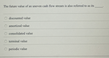 The future value of an uneven cash flow stream is also referred to as its
discounted value
amortized value
consolidated value
terminal value
O periodic value