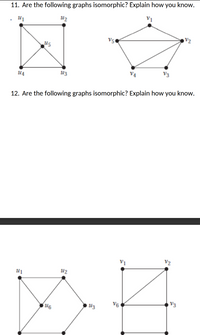 11. Are the following graphs isomorphic? Explain how you know.
U2
V2
V5
V4
V3
U3
12. Are the following graphs isomorphic? Explain how you know.
V2
U2
V6
V3
Uz
