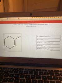 The question presented is:

**"What will be the major organic product from the acid-catalysed hydration of 1-methyl-1-cyclohexene?"**

Below the question, there is a diagram depicting the chemical structure of 1-methyl-1-cyclohexene, showing a cyclohexene ring with a methyl group attached.

The answer choices provided are:

A) 2-methyl-1-cyclohexanol  
B) 1-methylcyclohexane  
C) 1-bromo-1-methylcyclohexanol  
D) 1-methyl-1-cyclohexanol  
E) 1-bromo-2-methylcyclohexanol  

This question belongs to a multiple-choice format and is labeled as "Question 17 of 20" within the context of the source material.