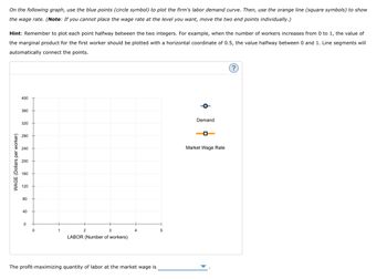 **Understanding Labor Demand and Market Wage Rate**

On the following graph, use the blue points (circle symbol) to plot the firm's labor demand curve. Then, use the orange line (square symbols) to show the wage rate. (*Note: If you cannot place the wage rate at the level you want, move the two end points individually.*)

**Hint:** Remember to plot each point halfway between the two integers. For example, when the number of workers increases from 0 to 1, the value of the marginal product for the first worker should be plotted with a horizontal coordinate of 0.5, the value halfway between 0 and 1. Line segments will automatically connect the points.

**Graph Explanation:**
- **X-axis:** Represents 'LABOR (Number of workers)'
- **Y-axis:** Represents 'WAGE (Dollars per worker)'
- **Legend:**
  - **Demand** indicated by blue points (circle symbols)
  - **Market Wage Rate** indicated by orange line (square symbols)

**Graph Illustration:**
- The graph is designed to help students understand the relationship between the number of workers (labor) and the wage rate.
- The blue circles (points) should be plotted to represent the labor demand curve at different levels of labor.
- The orange squares (line) should represent the consistent market wage rate across different numbers of workers.

Exercise: Determine the intersection of the labor demand curve and the market wage rate to find the profit-maximizing quantity of labor.

**Question:**
The profit-maximizing quantity of labor at the market wage is __________.