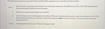 The following transactions occurred in April and May. Both companies use a periodic inventory system.
Apr. 5
6
8
May 4
Oriole Company purchased merchandise from Pharoah Company for $12,200, terms 2/10, n/30, FOB shipping point.
Pharoah had paid $7,600 for the merchandise.
The correct company paid freight costs of $340.
Oriole Company returned damaged merchandise to Pharoah Company and was given a purchase allowance of $1,700.
Pharoah determined the merchandise could not be repaired and ent it to the recyclers. The merchandise had cost
Pharoah $1,059.
Oriole paid the amount due to Pharoah Company in full.