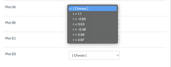 Plot (A)
Plot (B)
Plot (C)
Plot (D)
✓ [Choose ]
r = 1.1
r = -0.85
r = 0.53
r = -0.38
r = 0.06
r = 0.97
[Choose ]