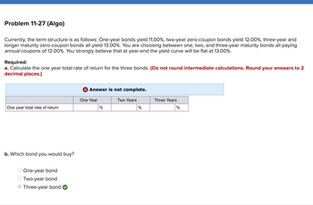 Problem 11-27 (Algo)
Currently, the term structure is as follows: One-year bonds yield 11.00%, two-year zero-coupon bonds yield 12.00%, three-year and
longer maturity zero-coupon bonds all yield 13.00%. You are choosing between one, two, and three-year maturity bonds all paying
annual coupons of 12.00%. You strongly believe that at year-end the yield curve will be flat at 13.00%.
Required:
a. Calculate the one year total rate of return for the three bonds. (Do not round intermediate calculations. Round your answers to 2
decimal places.)
One year total rate of return
b. Which bond you would buy?
One-year bond
Two-year bond
Three-year bond
X Answer is not complete.
One Year
%
Two Years
%
Three Years
%