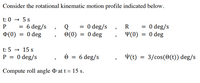 Consider the rotational kinematic motion profile indicated below.
t: 0 → 5 s
= 0 deg/s , R
O(0) = 0 deg
= 0 deg/s
Y(0) = 0 deg
= 6 deg/s , Q
Ф(0)
= 0 deg
O deg
%3D
t: 5 → 15 s
P = 0 deg/s
Ó = 6 deg/s
Ý(t) = 3/cos(0(t)) deg/s
Compute roll angle O at t = 15 s.
