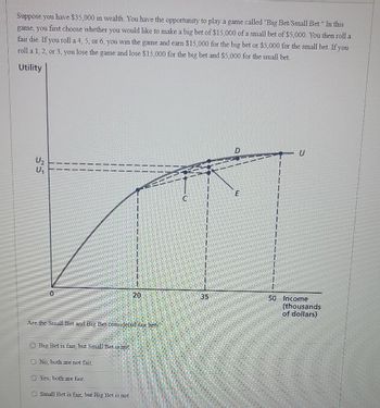 Suppose you have $35,000 in wealth. You have the opportunity to play a game called "Big Bet/Small Bet." In this
game, you first choose whether you would like to make a big bet of $15,000 of a small bet of $5,000. You then roll a
fair die. If you roll a 4, 5, or 6, you win the game and earn $15,000 for the big bet or $5,000 for the small bet. If you
roll a 1, 2, or 3, you lose and lose $15,000 for the big bet and $5,000 for the small bet
the
game
Utility
U₂
U₁
BEL
0
11
LATE
EE
ARTE
Are the Small Bet and Big Bet considered fair bets?
O Big Bet is fair, but Small Bet is not.
No, both are not fair.
Yes, both are fair.
20
OSmall Bet is fair, but Big Bet is not.
G
HA
1
35
D
E
1
1
1
1
1
F
1
U
50 Income
(thousands
of dollars)