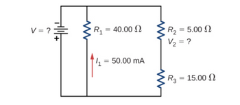 V= ?
Hilt
R1 = 40.00 Ω
11 = 50.00 mA
' R2 = 5.00 Ω
V2 = ?
| Rg = 15.00 Ω
R3