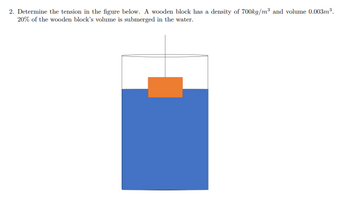 2. Determine the tension in the figure below. A wooden block has a density of 700kg/m³ and volume 0.003m³.
20% of the wooden block's volume is submerged in the water.