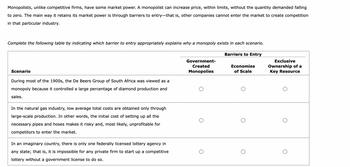 Monopolists, unlike competitive firms, have some market power. A monopolist can increase price, within limits, without the quantity demanded falling
to zero. The main way it retains its market power is through barriers to entry-that is, other companies cannot enter the market to create competition
in that particular industry.
Complete the following table by indicating which barrier to entry appropriately explains why a monopoly exists in each scenario.
Barriers to Entry
Scenario
During most of the 1900s, the De Beers Group of South Africa was viewed as a
monopoly because it controlled a large percentage of diamond production and
sales.
In the natural gas industry, low average total costs are obtained only through
large-scale production. In other words, the initial cost of setting up all the
necessary pipes and hoses makes it risky and, most likely, unprofitable for
competitors to enter the market.
In an imaginary country, there is only one federally licensed lottery agency in
any state; that is, it is impossible for any private firm to start up a competitive
lottery without a government license to do so.
Government-
Created
Monopolies
Economies
of Scale
Exclusive
Ownership of a
Key Resource