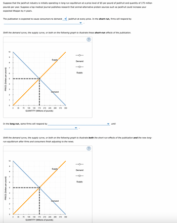 Suppose that the jackfruit industry is initially operating in long-run equilibrium at a price level of $5 per pound of jackfruit and quantity of 175 million
pounds per year. Suppose a top medical journal publishes research that animal-alternative protein sources such as jackfruit could increase your
expected lifespan by 4 years.
The publication is expected to cause consumers to demand
Shift the demand curve, the supply curve, or both on the following graph to illustrate these short-run effects of the publication.
PRICE (Dollars per pound)
10
9
PRICE (Dollars per pound)
8
0
In the long run, some firms will respond by
10
9
0
8
35
0
Supply
0 35
Demand
70 105 140 175 210 245 280 315 350
QUANTITY (Millions of pounds)
Shift the demand curve, the supply curve, or both on the following graph to illustrate both the short-run effects of the publication and the new long-
run equilibrium after firms and consumers finish adjusting to the news.
Supply
jackfruit at every price. In the short run, firms will respond by
Demand
70 105 140 175 210 245 280 315 350
QUANTITY (Millions of pounds)
Demand
-
Supply
Demand
(?)
Supply
until
(?)