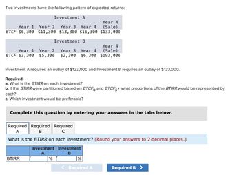 Two investments have the following pattern of expected returns:
Investment A
Year 1 Year 2
Year 3 Year 4
Year 4
(Sale)
BTCF $6,300
$11,300 $13,300 $16,300 $133,000
Investment B
Year 4
Year 1
Year 2 Year 3 Year 4
(Sale)
BTCF $3,300
$5,300
$2,300
$6,300
$193,000
Investment A requires an outlay of $123,000 and Investment B requires an outlay of $133,000.
Required:
a. What is the BTIRR on each investment?
b. If the BTIRR were partitioned based on BTCFO and BTCFS what proportions of the BTIRR would be represented by
each?
c. Which investment would be preferable?
Complete this question by entering your answers in the tabs below.
Required Required Required
A
B
C
What is the BTIRR on each investment? (Round your answers to 2 decimal places.)
Investment Investment
A
B
BTIRR
%
%
< Required A
Required B >