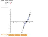 Find the area of the region.
f(x) = (x – 5)3
%3D
g(x) = x – 5
y
1.5F
1.0
0.5
1 2
4
/5
6.
-0.5
-1.0
-1.5F
3.
