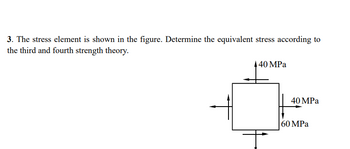 3. The stress element is shown in the figure. Determine the equivalent stress according to
the third and fourth strength theory.
40 MPa
40 MPa
60 MPa