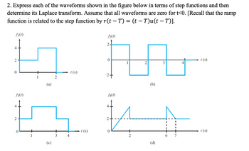 2. Express each of the waveforms shown in the figure below in terms of step functions and then
determine its Laplace transform. Assume that all waveforms are zero for t<0. [Recall that the ramp
function is related to the step function by r(t – T) = (t – T)u(t – T)].
fi(t)
4
17. An
2
3
2
(a)
(b)
2
0
f3(t)
4
in
3
2
t(s)
4
f2(t)
-t (s)
f4(1)
4
2
(d)
6
I
+
7
4
t(s)
t(s)