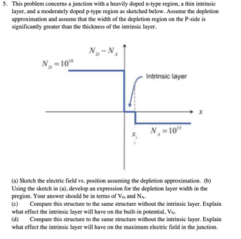 5. This problem concerns a junction with a heavily doped n-type region, a thin intrinsic
layer, and a moderately doped p-type region as sketched below. Assume the depletion
approximation and assume that the width of the depletion region on the P-side is
significantly greater than the thickness of the intrinsic layer.
N₁-N₁
No=10¹8
D
Intrinsic layer
N₁ = 10¹⁹
(a) Sketch the electric field vs. position assuming the depletion approximation. (b)
Using the sketch in (a), develop an expression for the depletion layer width in the
pregion. Your answer should be in terms of Vbi and NĄ.
(c) Compare this structure to the same structure without the intrinsic layer. Explain
what effect the intrinsic layer will have on the built-in potential, Vbi.
(d)
Compare this structure to the same structure without the intrinsic layer. Explain
what effect the intrinsic layer will have on the maximum electric field in the junction.