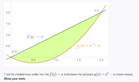 (2,2)
2.0
1.5
1.0
f(x)
g(x) =x²-x
0.5
| (0,0)
0.5
1.0
1.5
2.0
Find the shaded area under the line f(x) = x and above the parabola g(x) = x
x shown above.
Show your work.
