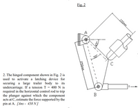 Fig. 2
A
30
C
2. The hinged component shown in Fig. 2 is
used to activate a latching device for
securing a large trailer body to its
undercarriage. If a tension T = 400 N is
required in the horizontal control rod to trip
the plunger against which the component
acts at C, estimate the force supported by the
pin at A. [Ans - 458 N ]
B
150mm
250mm
