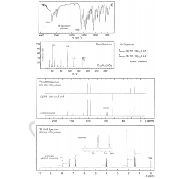 4000
100
80
20
3284
% of base peak
3000
43
40
10
13C NMR Spectrum
(50.0 MHz, CDCI, solution)
IR Spectrum
(KBr disc)
106
MMM.
137
80
120 160
m/e
DEPT CH₂ CH₂ CH
proton decoupled
9
200
¹H NMR Spectrum
(200 MHz, CDCI, solution)
exchanges
with D₂O on warming
2000
8
1658
V (cm¹)
160
1600
7
M**
179
200
6
120
expansion
1200
7.6
800
Mass Spectrum
C10H13 NO2
240 280
5
solvent
80
7.0
4
ppm
3
UV Spectrum
max 250 nm (log, 3.1)
Amax 287 nm (log₁0€ 2.2)
solvent: chloroform
40
2
0
1
8 (ppm)
TMS
0
8 (ppm)