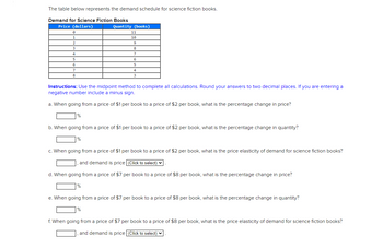 The table below represents the demand schedule for science fiction books.
Demand for Science Fiction Books
Price (dollars)
0
1
2
3
4
5
6
7
8
Quantity (books)
%
11
10
9
8
7
6
%
5
4
Instructions: Use the midpoint method to complete all calculations. Round your answers to two decimal places. If you are entering a
negative number include a minus sign.
a. When going from a price of $1 per book to a price of $2 per book, what is the percentage change in price?
3
b. When going from a price of $1 per book to a price of $2 per book, what is the percentage change in quantity?
c. When going from a price of $1 per book to a price of $2 per book, what is the price elasticity of demand for science fiction books?
and demand is price (Click to select)
d. When going from a price of $7 per book to a price of $8 per book, what is the percentage change in price?
e. When going from a price of $7 per book to a price of $8 per book, what is the percentage change in quantity?
f. When going from a price of $7 per book to a price of $8 per book, what is the price elasticity of demand for science fiction books?
and demand is price (Click to select)