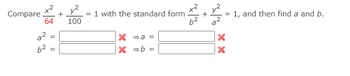 Compare.
64
a²
6²
=
=
+
y²
100
= 1 with the standard form
X ⇒a=
X ⇒b=
6²
= 1, and then find a and b.
XX