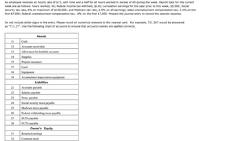 An employee receives an hourly rate of $15, with time and a half for all hours worked in excess of 40 during the week. Payroll data for the current
week are as follows: hours worked, 46; federal income tax withheld, $120; cumulative earnings for the year prior to this week, $5,500; Social
security tax rate, 6% on maximum of $100,000; and Medicare tax rate, 1.5% on all earnings; state unemployment compensation tax, 3.4% on the
first $7,000; federal unemployment compensation tax, .8% on the first $7,000. Prepare the journal entry to record the salaries expense.
Do not include dollar signs in the entry. Please round all numerical answers to the nearest cent. For example, 711.267 would be answered
as "711.27". Use the following chart of accounts to ensure that accounts names are spelled correctly.
11
12
13
14
15
17
18
19
21
22
23
24
25
26
27
28
31
32
Cash
Assets
Accounts receivable
Allowance for doubtful accounts
Supplies
Prepaid insurance
Land
Equipment
Accumulated depreciation-equipment
Liabilities
Accounts payable
Salaries payable
Notes payable
Social security taxes payable
Medicare taxes payable
Federal withholding taxes payable
SUTA payable
FUTA payable
Owner's Equity
Retained earnings
Common stock