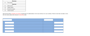 41
51
52
53
54
Revenues
Fees earned
Expenses
Rent expense
Salary expense
Payroll tax expense
Interest expense
Type account names completely and exactly as typed above. No abbreviations. Do not use commas or $ in your numbers. If there is more than one debit or more
than one credit, please enter amounts in descending order.