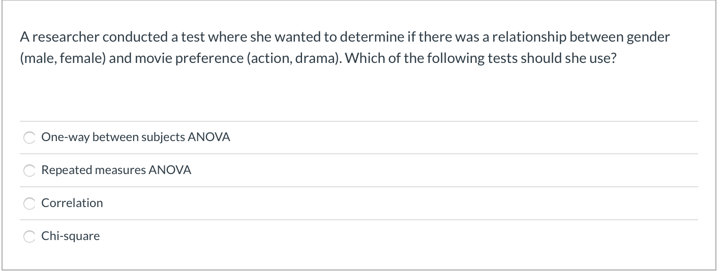 A researcher conducted a test where she wanted to determine if there was a relationship between gender
(male, female) and movie preference (action, drama). Which of the following tests should she use?
One-way between subjects ANOVA
Repeated measures ANOVA
Correlation
Chi-square
