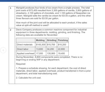 1
2
Marigold produces four kinds of ice cream from a single process. The total
joint costs of $72,400 resulted from 3,300 gallons of vanilla, 2,800 gallons of
strawberry, 2,100 gallons of chocolate, and 1,100 gallons of Neapolitan ice
cream. Marigold sells the vanilla ice cream for $3.00 a gallon, and the other
three flavours are sold for $3.50 per gallon.
How much of the joint cost will be allocated to each product, if the sales
value at split-off method is used?
Davis Company produces a common machine component for industrial
equipment in three departments: molding, grinding, and finishing. The
following data are available for November:
Molding Grinding Finishing
Direct materials
$143,300 $15,700 $10,200
Direct labor
13,600 34,200 22,800
19,400
Applied overhead 17,000 135,900
During November, 8,800 components were completed. There is no
beginning or ending WIP in any department.
Required:
1. Prepare a schedule showing, for each department, the cost of direct
materials, direct labor, applied overhead, product transferred in from a prior
department, and total manufacturing cost.
2. Calculate the unit cost.