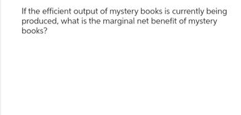 If the efficient output of mystery books is currently being
produced, what is the marginal net benefit of mystery
books?