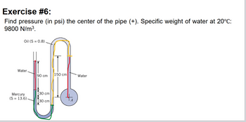 Exercise #6:
Find pressure (in psi) the center of the pipe (+). Specific weight of water at 20°C:
9800 N/m³.
Oil (S = 0.8)
Water
Mercury
(S = 13.6)
90 cm
30 cm
30 cm
150 cm
Water