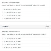 Referring to tree 2 shown above:
In which order would the nodes of the tree be visited by an pre-order traversal?
O 46, 23, 71, 21, 29, 48, 89, 5, 26, 40
O 5, 21, 26, 40, 29, 23, 48, 89, 71, 46
O 5, 21, 23, 26, 29, 40, 46, 48, 71, 89
O 46, 23, 21, 5, 29, 26, 40, 71, 48, 89
Question 7
10 pts
Referring to tree 2 shown above:
In which order would the nodes of the tree be visited by an level-order traversal?
O 5, 21, 23, 26, 29, 40, 46, 48, 71, 89
O 46, 23, 21, 5, 29, 26, 40, 71, 48, 89
O 5, 21, 26, 40, 29, 23, 48, 89, 71, 46
O 46, 23, 71, 21, 29, 48, 89, 5, 26, 40
