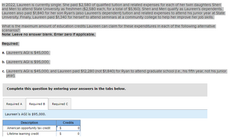 In 2022, Laureen is currently single. She paid $2,580 of qualified tuition and related expenses for each of her twin daughters, Sheri and Meri, to attend State University as freshmen (a total of $5,160). Sheri and Meri qualify as Laureen's dependents. Laureen also paid $1,840 for her son Ryan's (also Laureen's dependent) tuition and related expenses to attend his junior year at State University. Finally, Laureen paid $1,340 for herself to attend seminars at a community college to help her improve her job skills.

What is the maximum amount of education credits Laureen can claim for these expenditures in each of the following alternative scenarios?

Note: Leave no answer blank. Enter zero if applicable.

**Required:**

a. Laureen's AGI is $45,000.

b. Laureen's AGI is $95,000.

c. Laureen's AGI is $45,000, and Laureen paid $12,280 (not $1,840) for Ryan to attend graduate school (i.e., his fifth year, not his junior year).

---

**Complete this question by entering your answers in the tabs below.**

**Required B**

Laureen's AGI is $95,000.

| Description                     | Credits |
|---------------------------------|---------|
| American opportunity tax credit | $0      |
| Lifetime learning credit        | $0      |