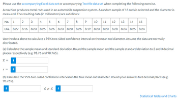 Please use the accompanying Excel data set or accompanying Text file data set when completing the following exercise.
A machine produces metal rods used in an automobile suspension system. A random sample of 15 rods is selected and the diameter is
measured. The resulting data (in millimeters) are as follows:
No. 1 2 3 4
Dia. 8.27 8.16 8.23 8.25 8.26 8.23 8.20 8.26 8.19 8.23 8.20 8.28 8.24 8.25 8.24
x =
5
i
S = i
6
Use the data above to calculate a 95% two-sided confidence interval on the mean rod diameter. Assume the data are normally
distributed.
i
(a) Calculate the sample mean and standard deviation. Round the sample mean and the sample standard deviation to 2 and 3 decimal
places respectively (e.g. 98.76 and 98.765).
7 8
9
10 11 12 13 14 15
<με i
(b) Calculate the 95% two-sided confidence interval on the true mean rod diameter. Round your answers to 3 decimal places (e.g.
98.765).
Statistical Tables and Charts